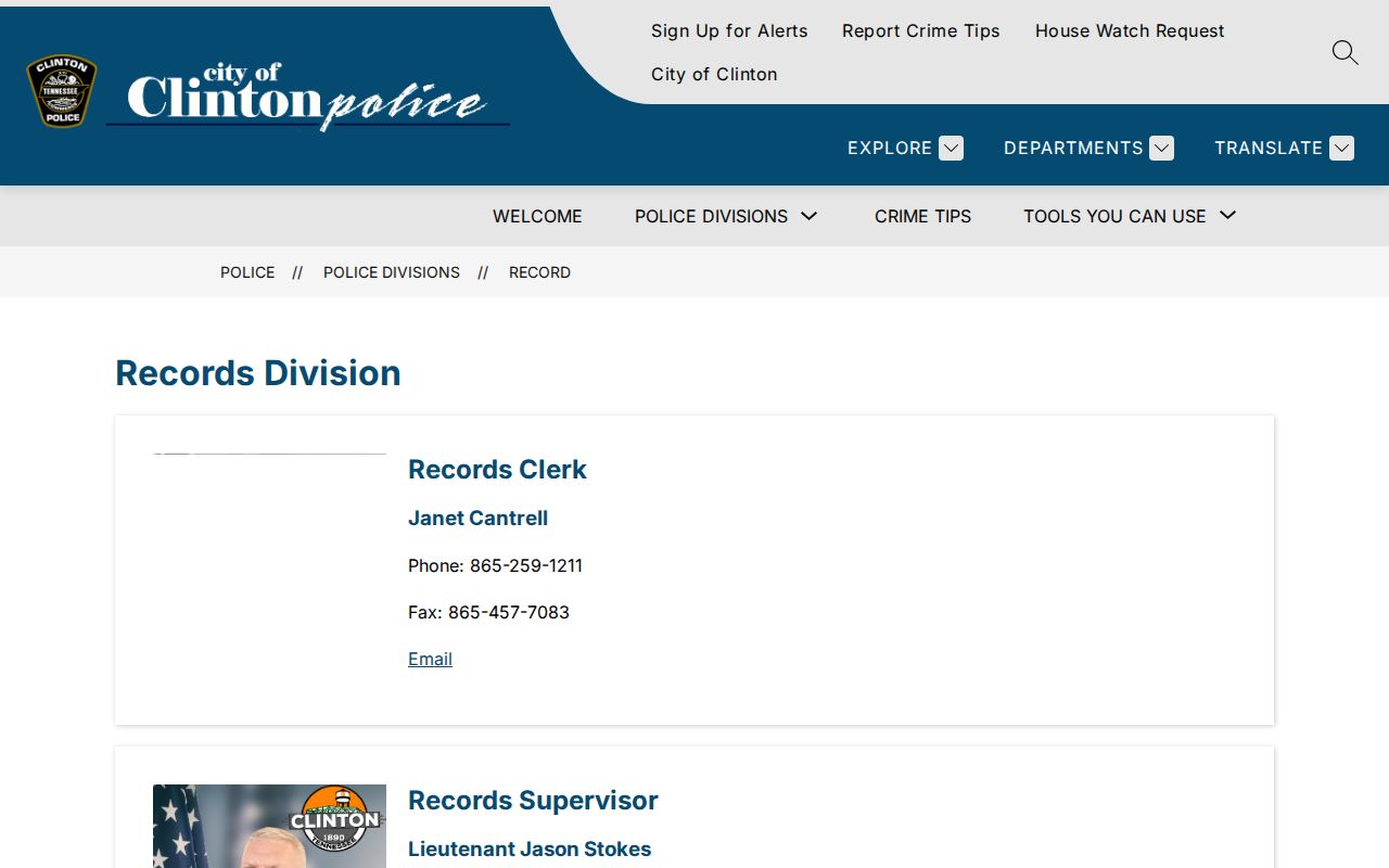 Clinton Police arrest records page in Anderson County
