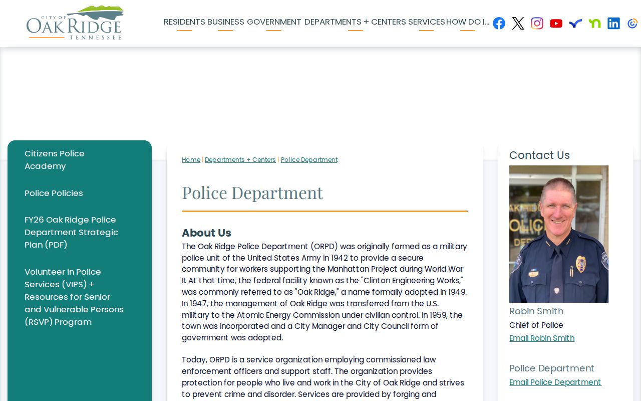 Oak Ridge Police Department arrest records contact page