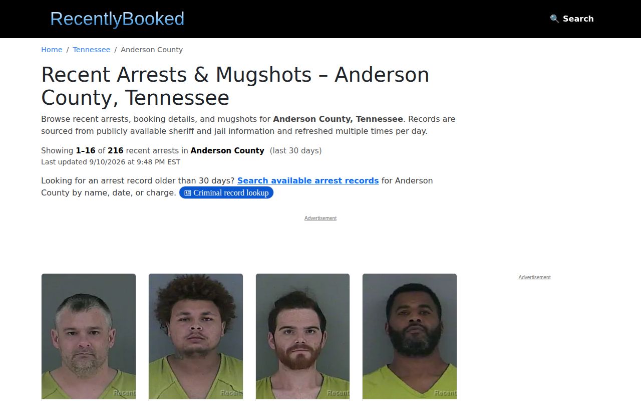 Unofficial Anderson County recent arrest page interface