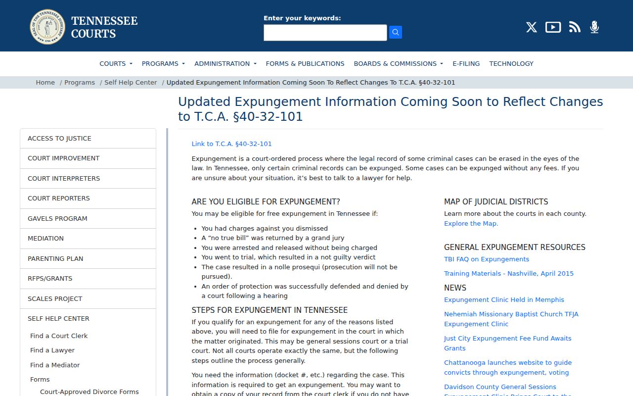 Tennessee court expungement information for Anderson County arrest records